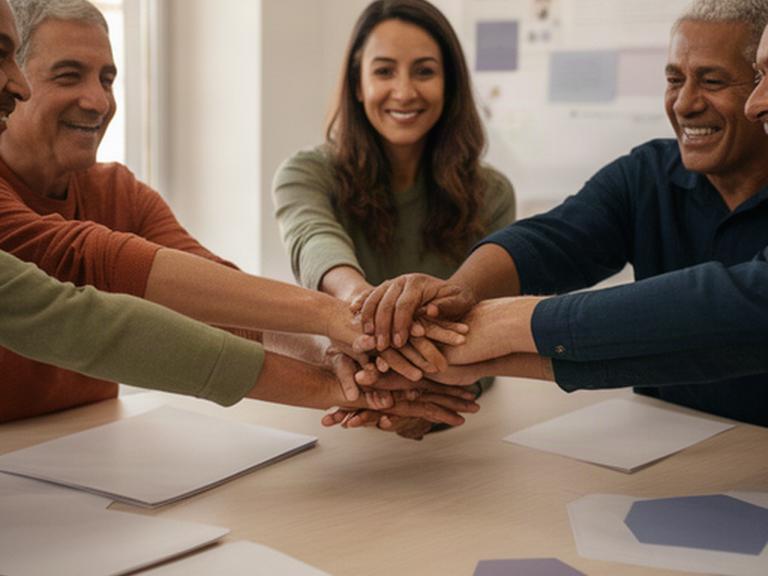 Personas de distintos orígenes uniendo sus manos en una mesa de orientación comunitaria en Ronda